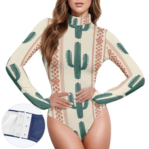 Body de manga larga para mujer GuoChe con estampado de cactus saguaro y estilo sudoeste tribal 2