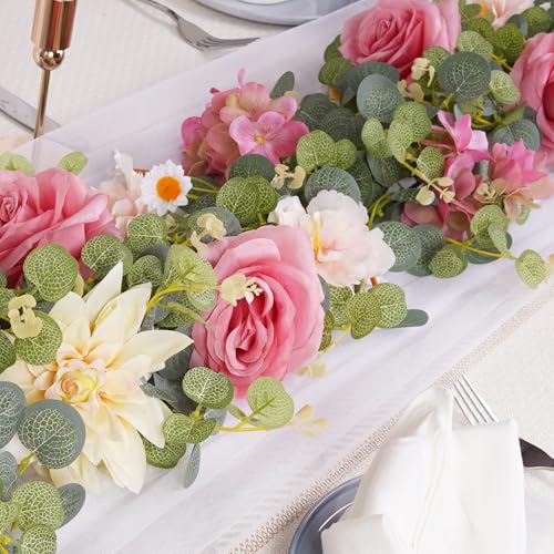 Artificial Pink Flower Garland Decor, 6.07Ft Dahlia Garland Eucalyptus Greenery Garland with Flowers Pink Flower Vines Rose Silk Floral for Wedding Table Centerpieces Garden Party Decor (1 Pack)