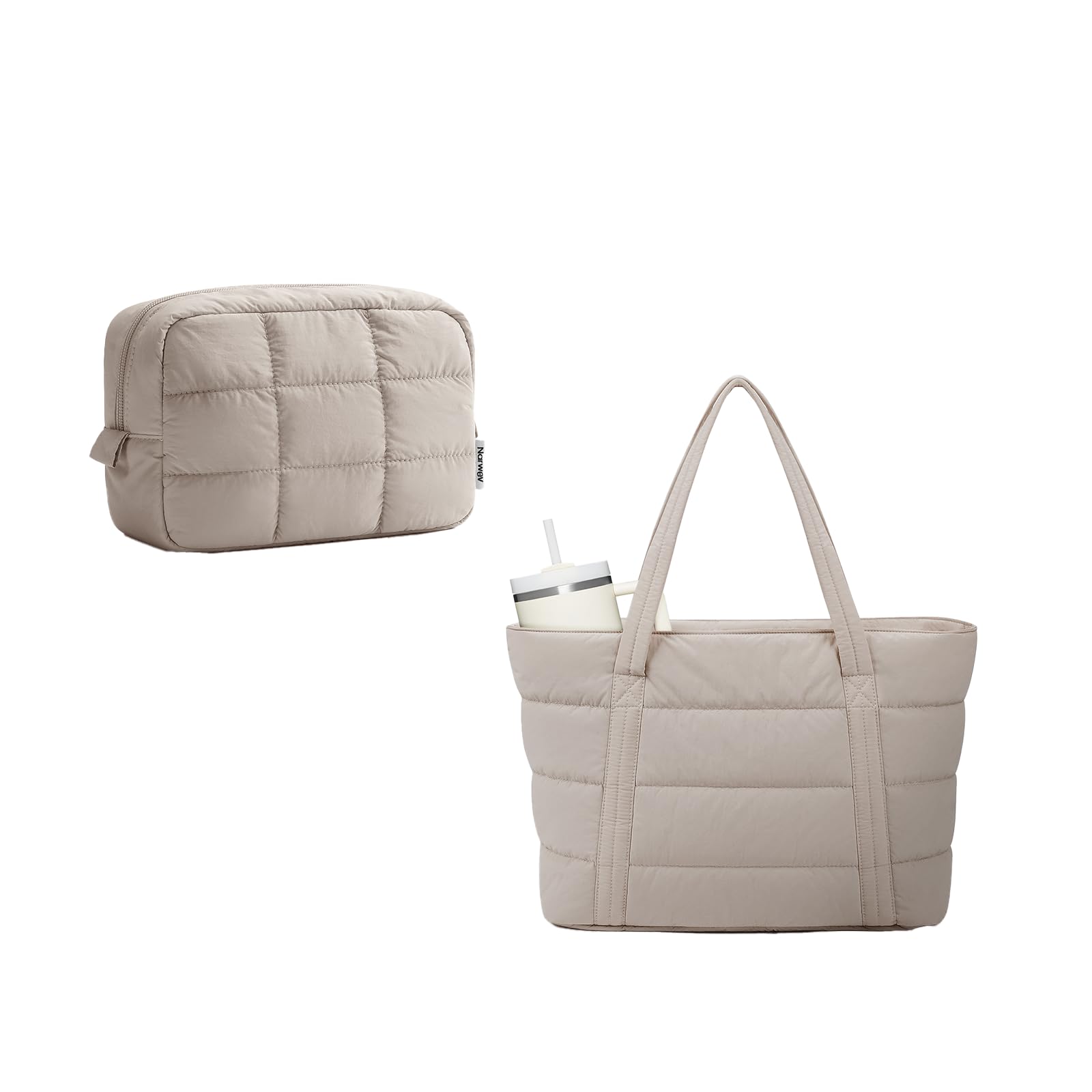 Narwey Travel Tote Bag for Women Carry On with Cup Holder with Puffer Travel Makeup Bag