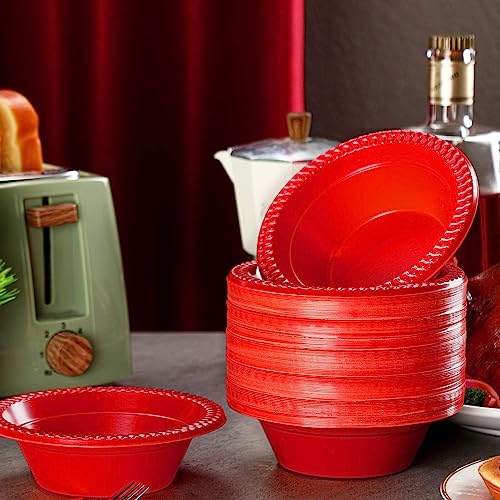 Image of Lallisa 100 Pcs 12oz Red Disposable Plastic Bowls Christmas Party Supplies