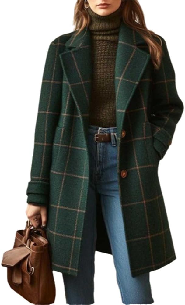 Women's Plaid Wool Blend Coat, Notched Lapel, Button Front, Long Sleeve, Mid-Length Overcoat