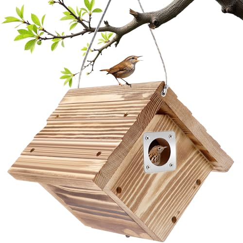 Dreyoo 1 Pack Wren House with Metal Guard, 1-1/8'' Entrance Hole Hanging Wren Bird Houses for Outside for Nesting with Air Vents, Pine Wood for Chickadees, Charcoal