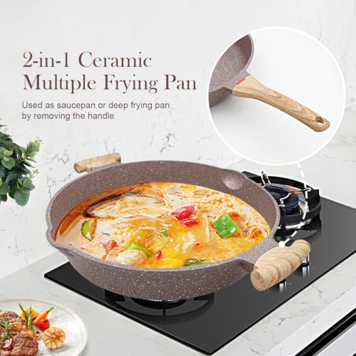 AIKENBBKK 2-in-1 Ceramic Nonstick Deep Frying Pan Skillet, 32cm Frying Pan with Lid Healthy Ceramic Non-Stick Coating, PFOA/PTFE-Free- Brown - Image 4