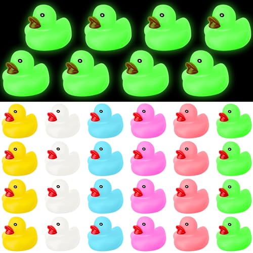 Chitidr 24 Pcs Glow in the Dark Rubber Ducks 2.2 Luminous Mini Rubber Duck Fluorescent Tiny Light up Floating Squeaky Bathtub Toys for Baby Showers Summer Beach Pool Party Games (Colorful)