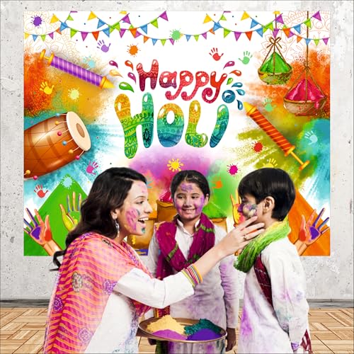 Image of Happy Holi Party Backdrop | Holi Party Decorations | Multicolor Festival of Colors Photo Booth Banner for Home & Office Decor (Pack of 1, Size: 5x4Feet)