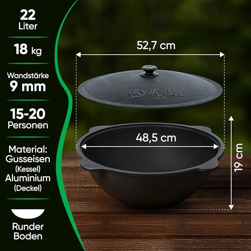 Utschak Feuerofen mit Thermometer Gusseisen Topf runder Boden mit Deckel (22 L) Holzlöffel, Schaumlöffel, Schöpfkelle, Spachtel aus Holz, Lagan KazanoFF, Учаг, Kazan-7