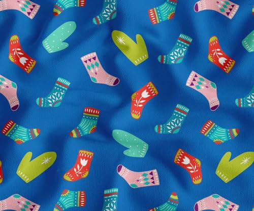 Image of Soimoi Blue Cotton Canvas Fabric Socks & Gloves Folk Art Printed Craft Fabric by the Meter 56 Inch Wide