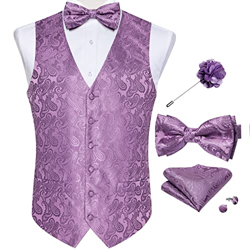 Image of DiBanGu Mens Paisley Suit Waistcoat,Silk Dress Vest and Bowtie Pocket Square Cufflinks with Lapel Pin Set for Wedding Tuxedo, Purple, Small