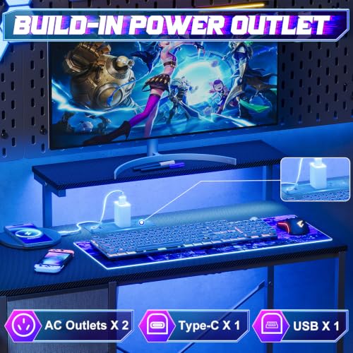 Image of X-cosrack 33.5 inch Small Gaming Desk with LED Lights & Power Outlets, Drawers | Computer Desk with Fabric Drawer & Side Hook, Reversible Table with Monitor Stand for Game Room, Bedroom, Carbon Fiber Black