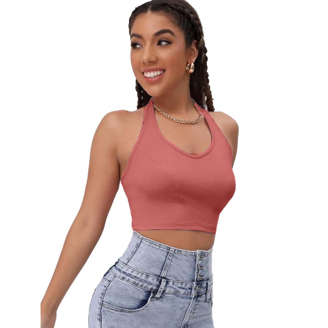 GLARE & BLAIR Solid Halter Neck Sleeveless Stylish Western Ribbed Crop Tank Top for Women-image-34