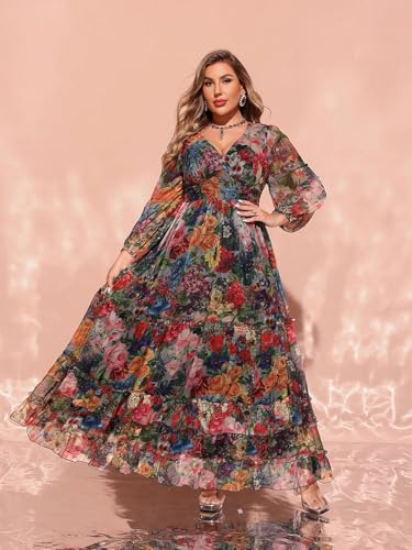 Image of Spring Summer 2024 Plus Size Womens Dresses V Neck Casual Elegant Long Sleeve Floral Print Maxi Dress