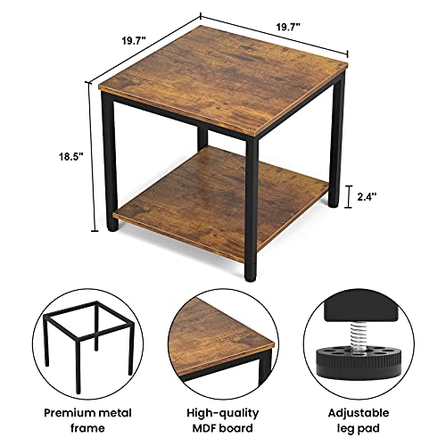 Homieasy Side Table 20 Inch Square, 2-Tier Coffee Tea End Table Nightstands For Sofa Couch Bed, Metal Wood Accent Modern Simple Industrial Style Side Table For Living Room Bedroom, Rustic Brown #TOP2