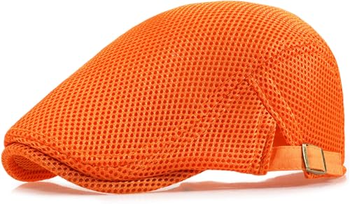 Xinveen Mens Mesh Cap Breathable Summer Newsboy Hat Adjustable Beret Ivy Cap Irish Cabbie Driving Hunting Hats Orange