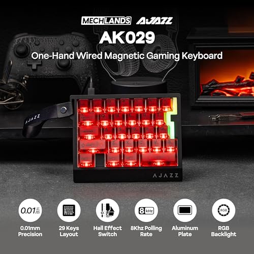 Image of MechLands AJAZZ AK029 One Handed Gaming Keyboard, 8Khz Polling, 29 Keys Rapid Fast Wired Keyboard, SOCD & DKS, Magnetic Switch, Adjustable Actuation, RGB Backlits, Aluminum Plate (Red Transparent)