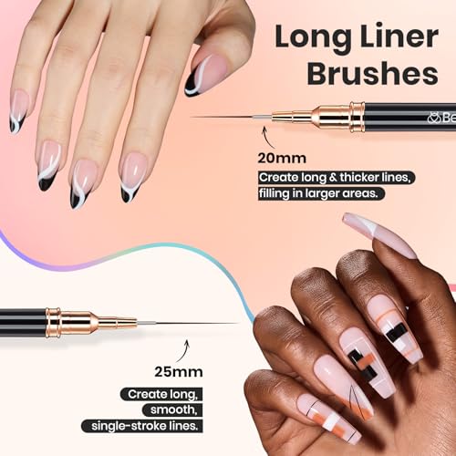 Image of Beetles Liner Brushes for Nails 5pcs - Metallic Nail Art Brushes Black Nail Art Pens Liner Sizes 5 /9 /15 /20 /25mm with Palette Holder Painting Manicure Design Tools for Long Lines, Details, Fine Drawing