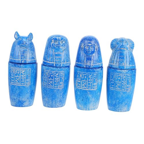 DEARMAMY 4 Piezas Conjunto de Tarros Canópicos Egipcios Antiguos con Inscripciones Figuras de Horus para Decoración de Escritorio y Exhibiciones Ceremoniales Decoración Mitológica Cultural