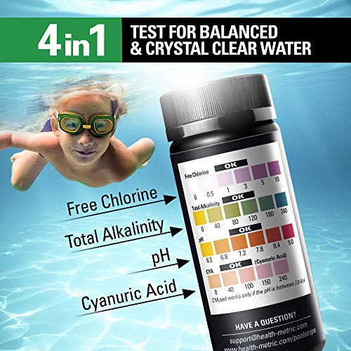 Health Metric 4-Way Pool and Spa Test Strips | 50 ct | Swimming Pool Testing Strip Kit for Chlorine Alkalinity pH & Cyanuric Acid | Easy to Use Chemical Tester | Fast & Accurate Water Maintenance