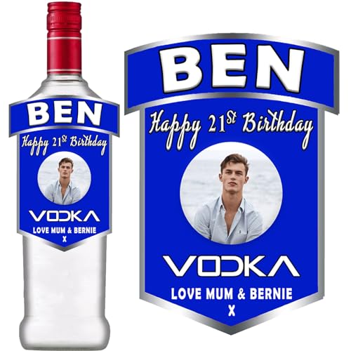 Photo Personalised Blue Bottle Label Sticker for Smirnoff Vodka Birthday Anniversary Xmas