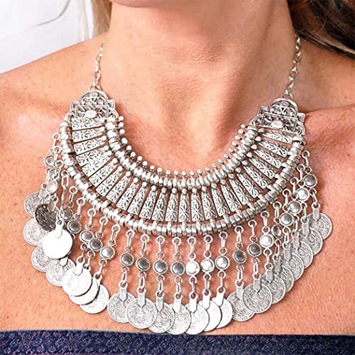 Flatser Boho Chunky Necklaces Silver Coin Collar Choker Tassel Statement Chain Prom Party For Women And Girls #TOP4