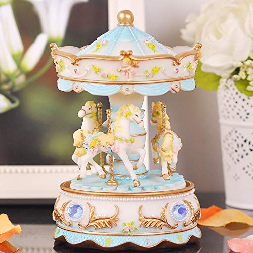 Docooler Mini Carousel Clockwork Music Box Colorful LED Merry-go-round Musical Box Gift for Girlfriend Kids Children Christmas Festival Blue - Image 2