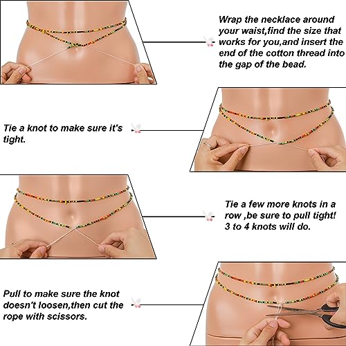 ELABEST 50” Tie-on African Waist Beads for Women Non Stretching 8Pcs Belly Beads Plus Size Colorful Handmade Beaded Waist Jewelry Accessories Body Chain4