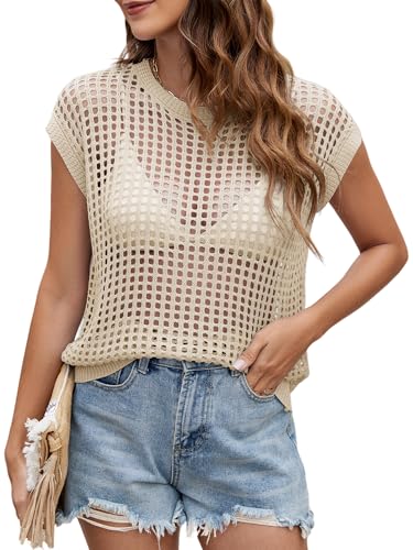 Womens Summer Crochet Tops Hollow Out Cap Sleeve Cover Up Tank Top Pullover Sweater Vest Beach Vacation Clothes3