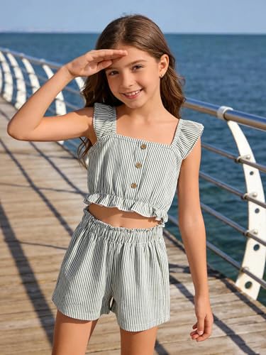 Image of Girl's Summer Clothing Sets Knit Ruffle Striped T-Shirt and Shorts 2 Piece Outfits