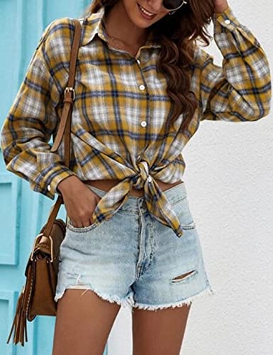 Mingzhu Womens Casual Flannel Plaid Shirts Button Down Long Sleeve Shirts Oversized Buffalo Blouse Tops3
