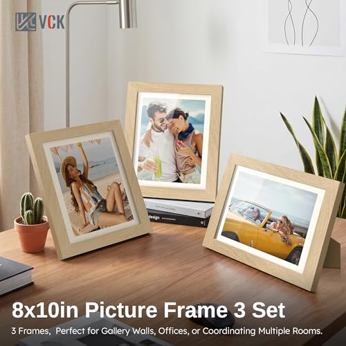 Image of VCK 8x10 Picture Frame Set of 3 - Natural, Wide Border Solid Wood Frame, Display Pictures in Horizontal and Vertical, for Home, Office, Gallery, Woodgrain Series, Wall Hanging