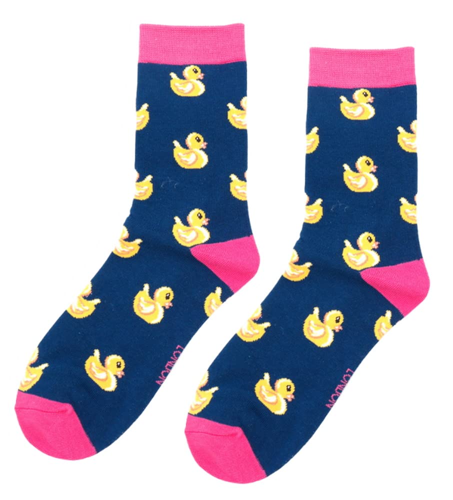 Lilyrosa Women's Blue Yellow Rubber Duck Design Socks One Size 3-7 Bamboo Blend Crew Mid Calf 1 Pair