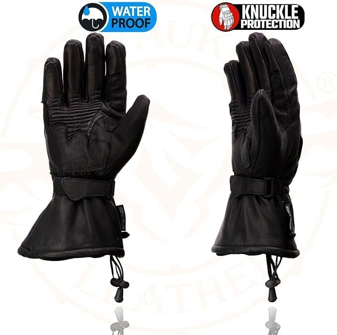 Men's Waterproof Gauntlet Leather Gloves. Draw String. w/Knuckle Protection