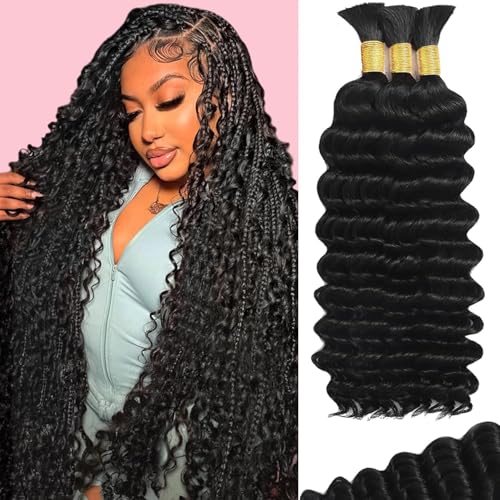 Human Braiding Hair for Boho Braids Human Hair Extensions 120g 18 Inch Curly Boho Hair for Braiding Knotless 12A Deep Wave Bulk Bohemian 3 Bundles/Pack Natural Color