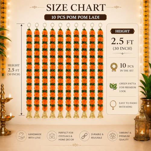 Image of Bindian Artificial Marigold Flower Toran 2.5 Ft Orange with Leaf & Bells | Decorative Bandanwar for Diwali, Pooja, Wedding, Festival, Home Entrance & Wall Decoration (Pack of 10)