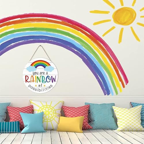 Image of ANGEL INFINITE inchYou are a Rainbow of Possibilities inch Wooden Wall Hanging Decor - Round Vintage Inspirational Sign for Kids Room, Nursery, & Home Office - Rustic Motivational Plaque, 30x30 cm