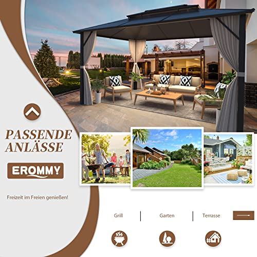 EROMMY 4 X 3 m Pavillon Doppeldach Alu Wasserdicht mit Vorhang-Seitenteile und Netz, Wetterfest Gartenpavillon Stabil Aluminiumrahmen Polycarbonat Partyzelt Hardtop für Garten, Terrasse