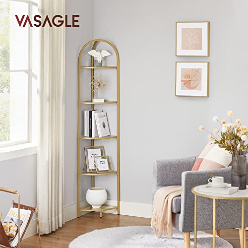 Vasagle Corner Shelf Stand, 5 Tier Corner Bookshelf, Tempered Glass Shelves, Modern Style, Plant Stand With Steel Frame For Living Room, Bedroom, Kitchen, Bathroom, Golden Color Ulgt810A01 #TOP5