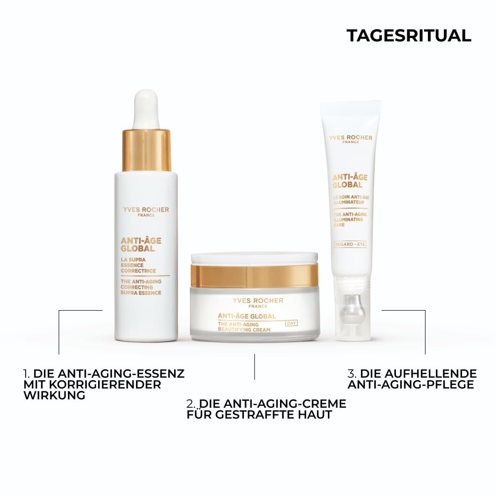 Yves Rocher Anti-Age Global Set – Grand Soin 75ml + Supra Essence Serum 30ml – Mit Gold-Achillea – Anti-Aging Gesichtspflege – Strafft, regeneriert und spendet Feuchtigkeit
