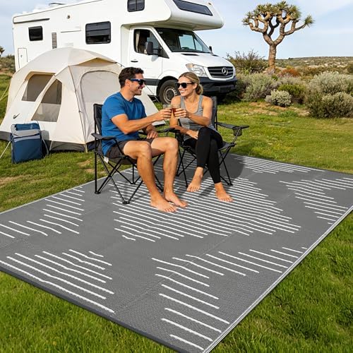MilleLoom Outdoor Rug for Patio, 9'x12' Plastic Straw Rug Clearance Waterproof, Portable Line Reversible with 4 Stakes Outside Carpet for Deck Porch Backyard (Grey and White) - 5