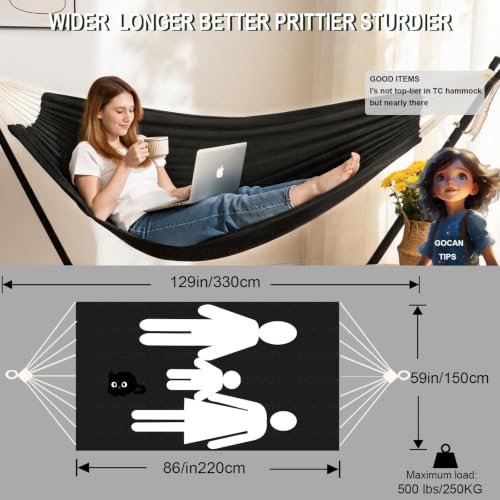 Image of GOCAN Hammock Outdoor 2 People 220x150cm Total Length 330cm Load 300kg Canvas Cotton Hammock for Garden Indoor Children Balcony Dark Gray XXL