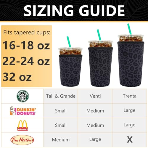 Image of YR Reusable Neoprene Insulator Sleeve for Iced Coffee Cups, 3 Pack Coffee Coolies sleeves for Iced & Hot Drinks, Cold Beverage Cooler Compatible with Starbucks Coffee and More (Black Leopard Print)
