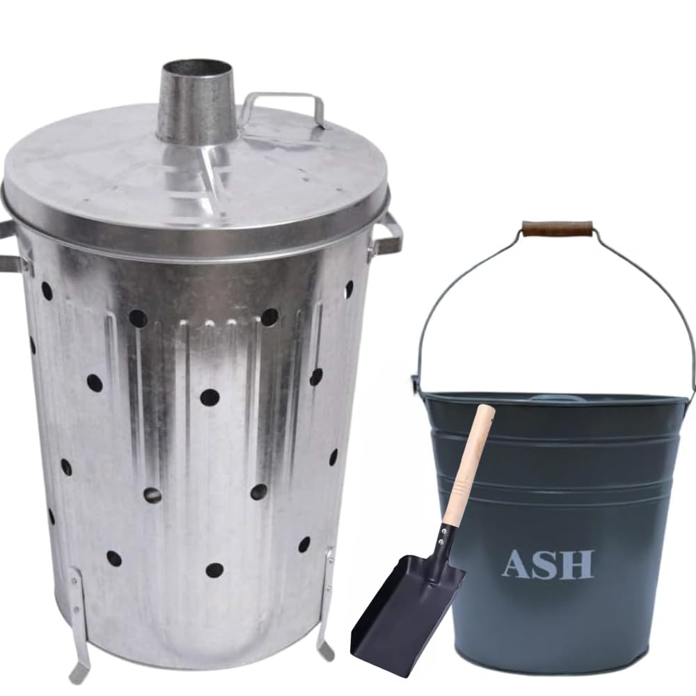 Trendi 90 Litre Extra Large 90L Galvanised Metal Incinerator + Shovel Recycle Garden Rubbish Fire Wood Burner Burning Leaves Hot Ash Bucket Coal & Box Lid (90L Incinerator & Shovel) — view 7