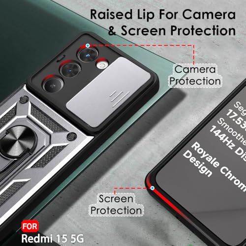 Image of TheGiftKart Tough Armor Bumper Back Cover Case for Mi Redmi 15 5G | Sliding Camera Cover, Kickstand & Ring Holder | 360 Degree Protection Back Cover Case for Redmi 15 5G (PC & TPU, Silver)