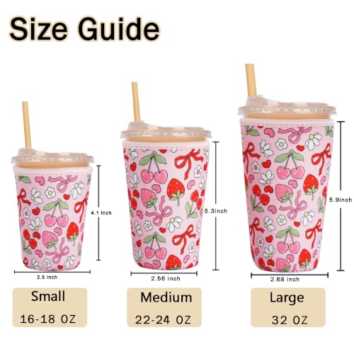 Image of Reusable Insulated Sleeve for Iced Coffee Cup, Coffee Neoprene Sleeve for Cold & Hot Drinks, Beverage Holder for Iced Coffee (Cherry Ribbons, Small: 16-18oz)
