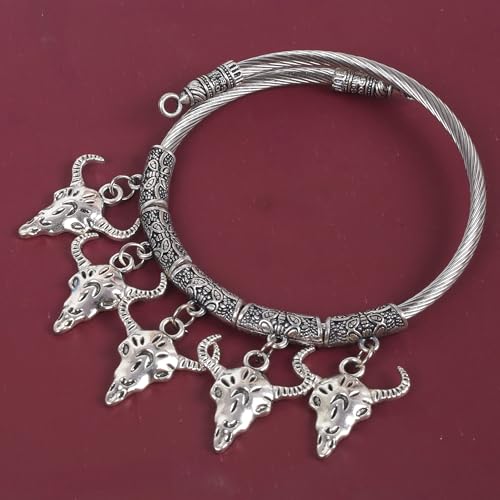 Image of Touchstone New Indian Bollywood Handcrafted Filigree Ox Horn Motif Fabulous Style Designer Jewelry Openable Bracelet in Oxidized Silver Tone for Women