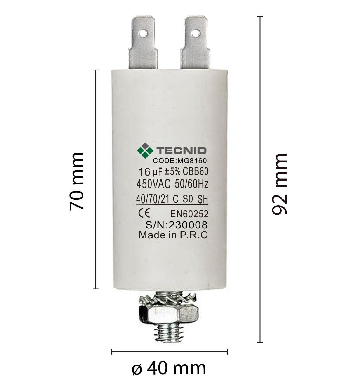 Condensatore di spunto per motori elettrici, 450V, capacità: 16µF, 4 pin. Condensatore di Avviamento con dado M8. Per Pompe, Compressori, Lavatrici, Macchine ad Aria
