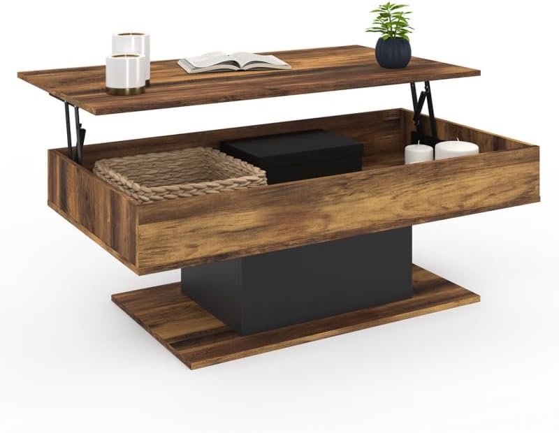 Table Basse Relevable IDMarket Urbana - Plateau Hêtre, Pieds Noirs, Roulettes, Transformable En Bureau Ou Table à Manger