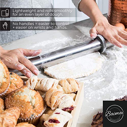 Rolling Pin With Thickness Rings- 16” French Rolling Pin For Baking Even Pastry Or Cookie Dough - Adjustable, Stainless Steel Rolling Pin With Complimentary Dough Scraper #TOP1