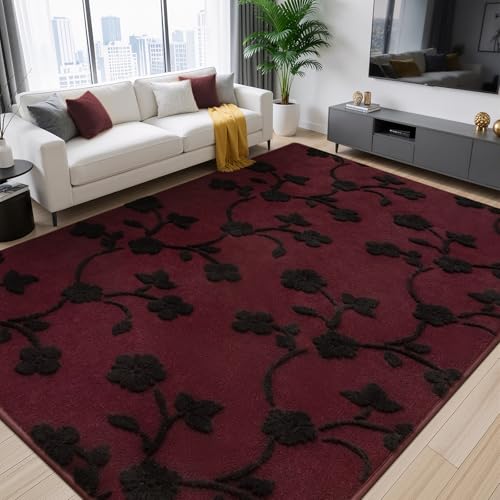 Maxsoft 4x6 Burgundy Red Floral Area Rugs Modern Minimalist Thickened