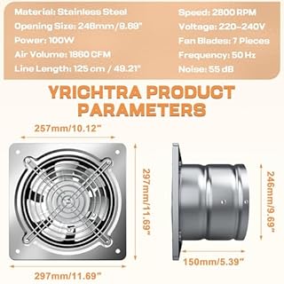 Yrichtra 250mm Ventola Aspirazione 1680m³/h - Aspiratore Cucina Potente, Silenzioso e Efficiente, Valvola Antireflusso, Industriale Estrattore per Bagno Cucina Ventilazione, Argento