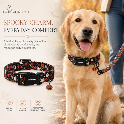 Image of ARING PET Halloween Dog Collar for Puppy Small Medium Large Dog-Black L | Cute Festival Spooky Night Doggy Collars for XS S M L XL Boy Girl Dog, Ghost Pumpkin, Soft Comfy Sturdy, Trick or Treat Party